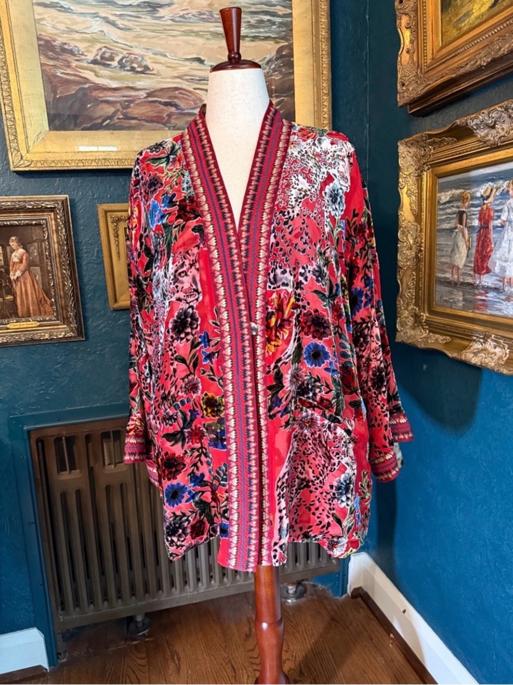 Johnny Was Red Floral/ Animal Print Reversible Velvet Kimono with pockets